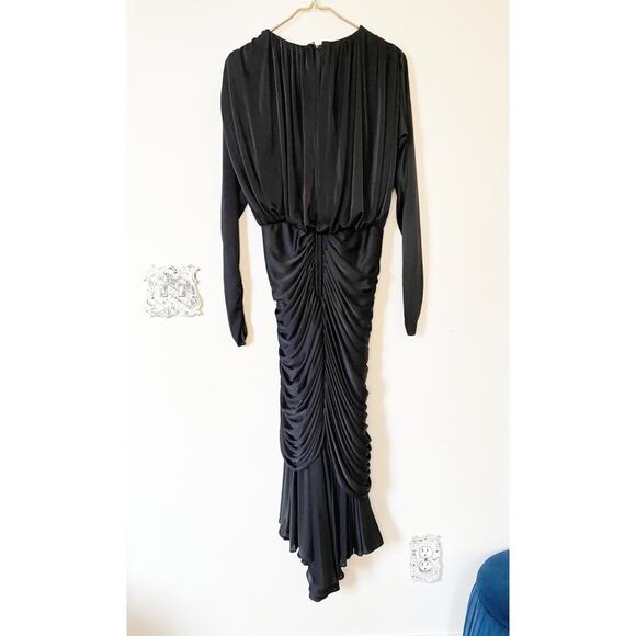 Amazing Vintage Black Ruched Column Draped Deep-V Cocktail Evening Dress - Picture 9 of 13